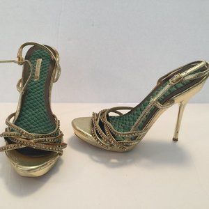 Michael Antonio Gold Strappy High Heel Sandals with Green Insole